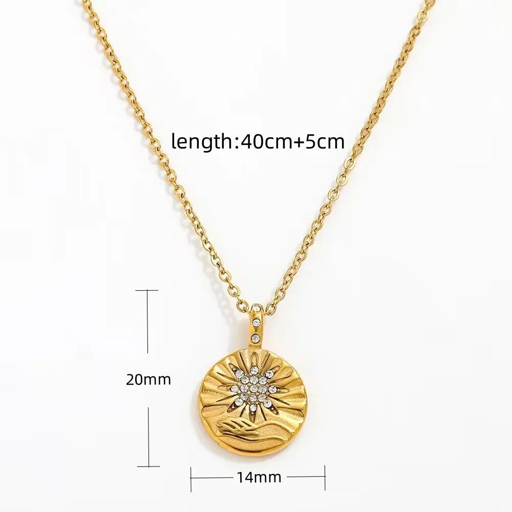 18k Gold Plated Waterproof Tarnish Free Moon Star Sun  Zirconia Coin Pendant Stainless Steel Necklace Fashion Jewelry