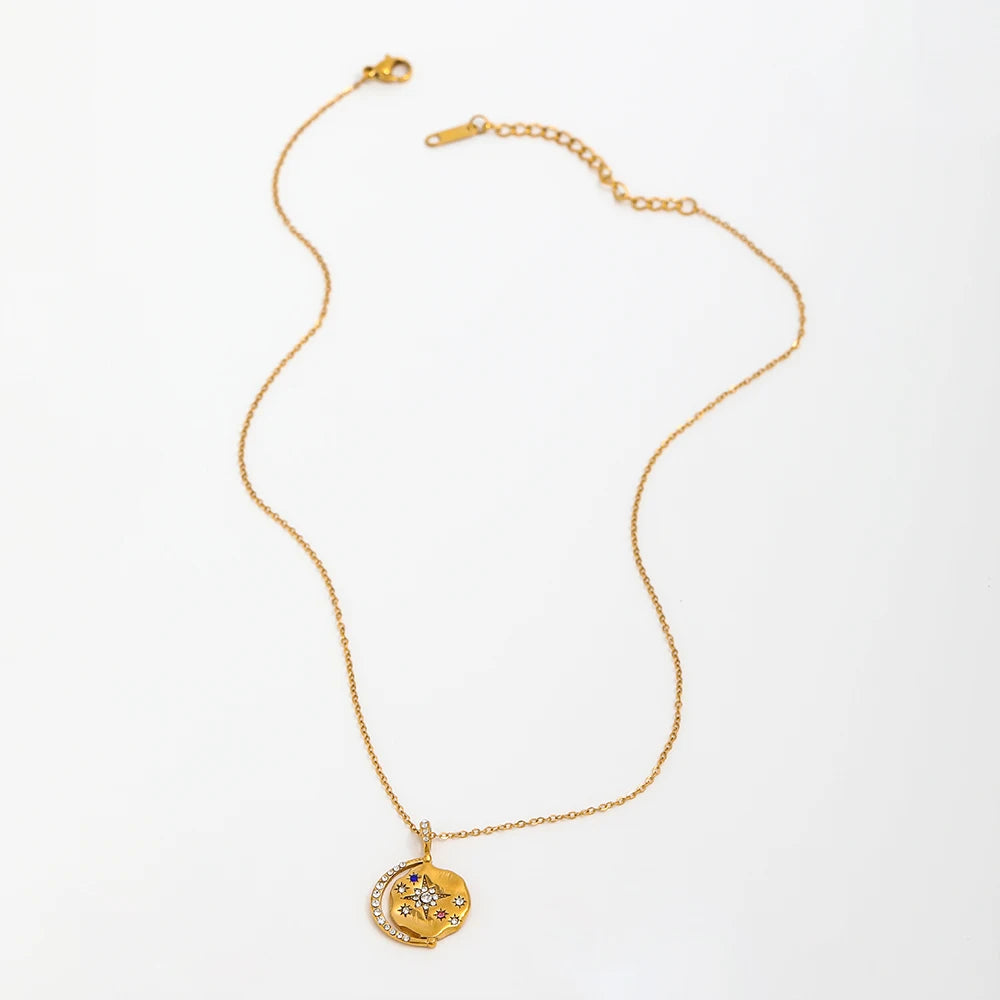 18k Gold Plated Waterproof Tarnish Free Moon Star Sun  Zirconia Coin Pendant Stainless Steel Necklace Fashion Jewelry