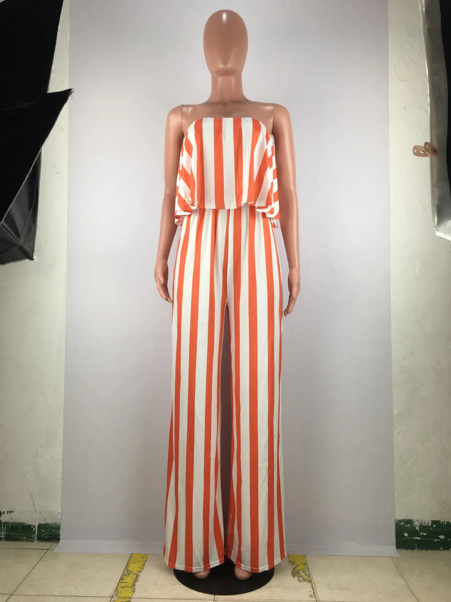 Hot Summer Women's Casual Jumpsuit with Striped Print Sexy Wrap Chest Open Back Washed Techniques