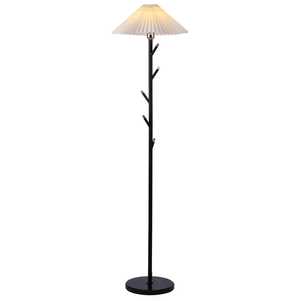 Modern Floor Lamp with Pleated Fabric Shade, Retro Black Gold Coat Rack Standing Light with 9W Bulb & Foot Switch for Bedroom
