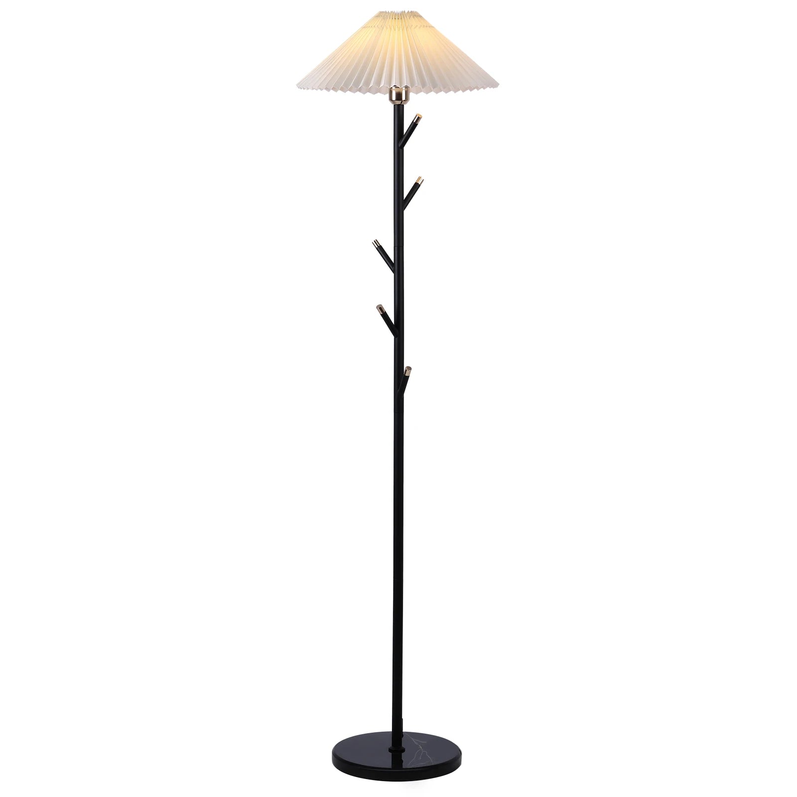 Modern Floor Lamp with Pleated Fabric Shade, Retro Black Gold Coat Rack Standing Light with 9W Bulb & Foot Switch for Bedroom