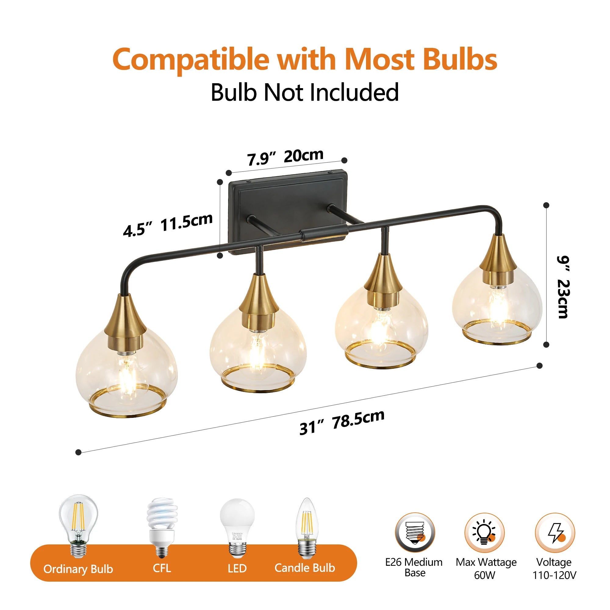 4-Lights Bathroom Light Fixtures Over Mirror with Clear Glass Shade  Wall  Black and Gold (Exclude E26 Bulb)