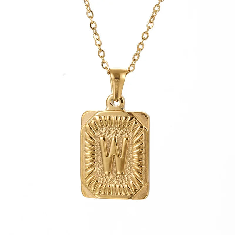 18k Gold Men'S Necklace Square Stainless Steel Letter Pendant English Letter Necklace Pendant For Men