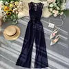 Sexy Lace Hollow Out O-neck Tank Jumpsuit Summer Women Slim Wide-legged Playsuit  Romper