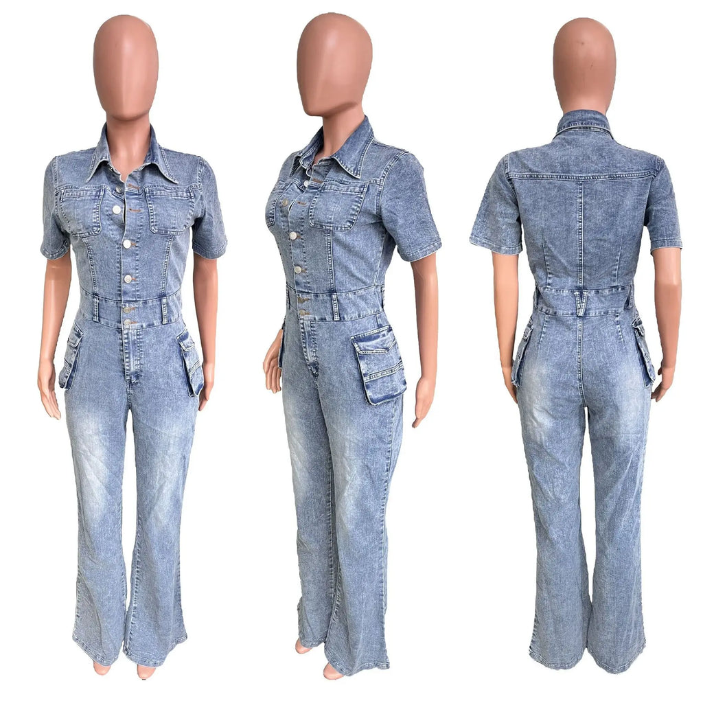 Denim Romper Tight Waist Slim Stretch Denim Romper Short Sleeve Top Flare Pants Jumpsuit
