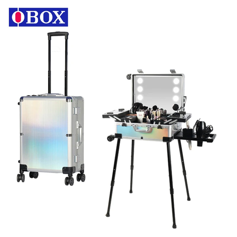 OBOX Professional Make-up case Professional Make-up Organizer Aluminum Alloy case With Lights and Mirror