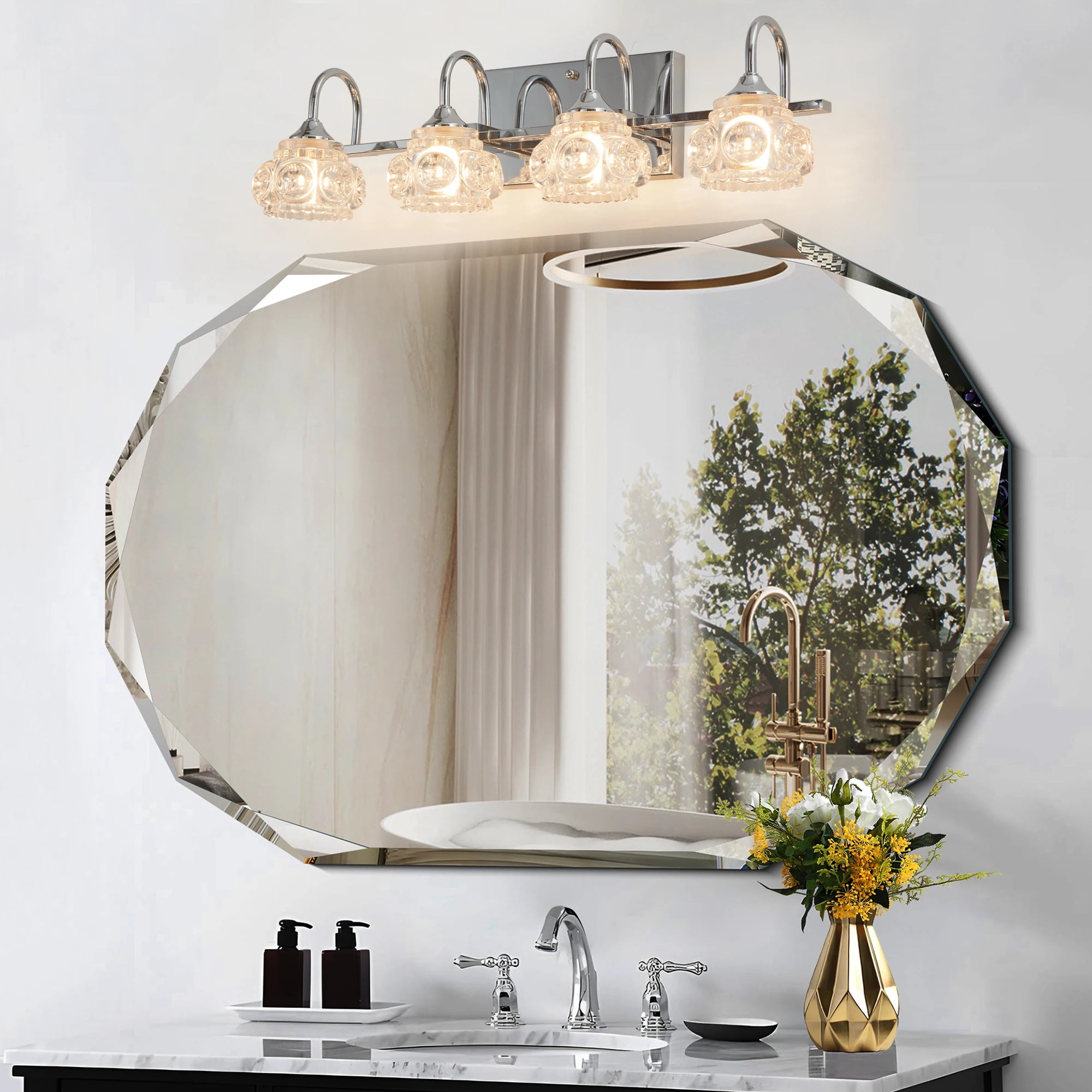4-Light Polished Chrome Vanity Lights for Bathroom,Nickel Modern Vanity Lights with Crystal Glass Shade,  Modern Wall Lights