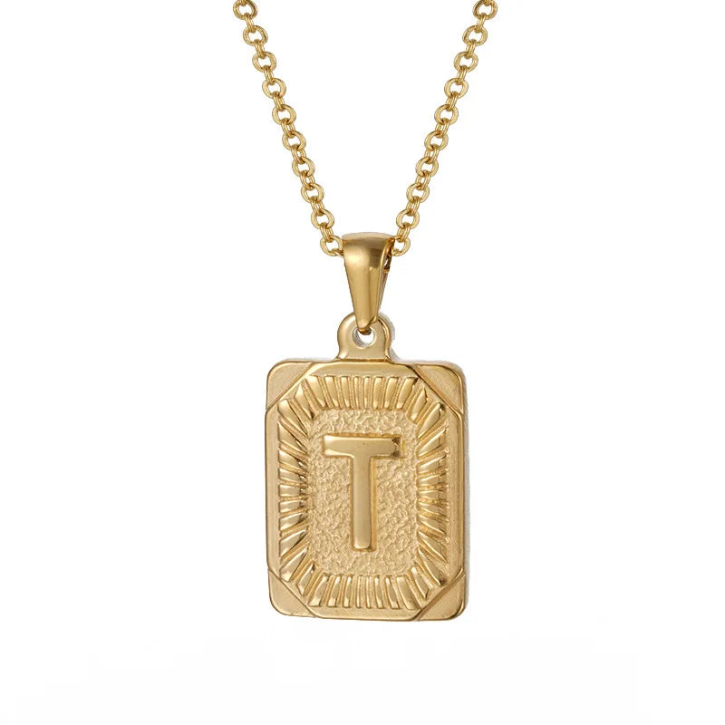 18k Gold Men'S Necklace Square Stainless Steel Letter Pendant English Letter Necklace Pendant For Men