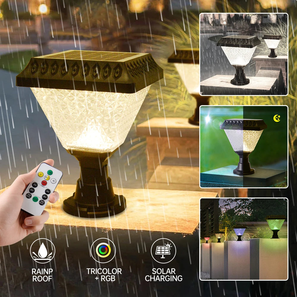 Dingdian LED NEW 10W Solar Powered Rgb Colors Dimmable Waterproof Courtyard Pillar Post Solar Led Garden Light for Decoration