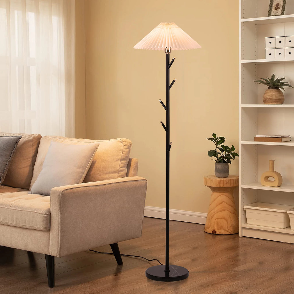 Modern Floor Lamp with Pleated Fabric Shade, Retro Black Gold Coat Rack Standing Light with 9W Bulb & Foot Switch for Bedroom