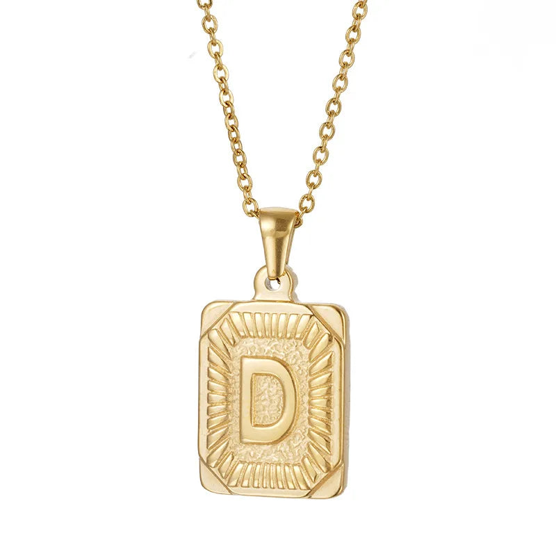 18k Gold Men'S Necklace Square Stainless Steel Letter Pendant English Letter Necklace Pendant For Men