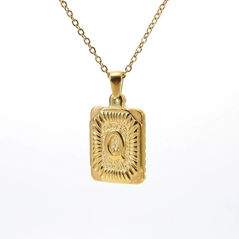 18k Gold Men'S Necklace Square Stainless Steel Letter Pendant English Letter Necklace Pendant For Men