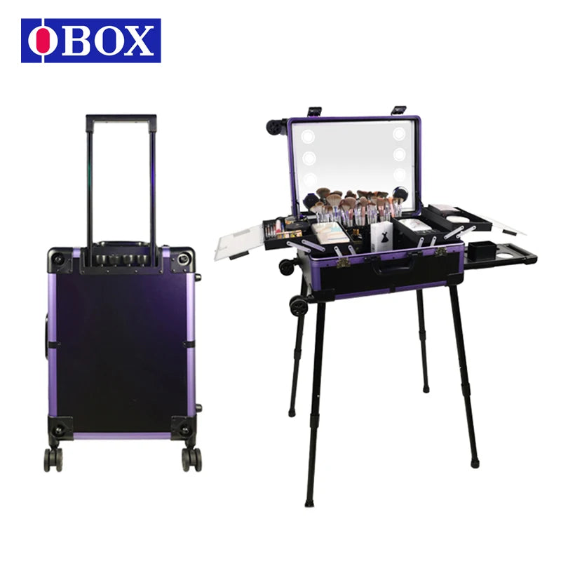 OBOX Professional Make-up case Professional Make-up Organizer Aluminum Alloy case With Lights and Mirror