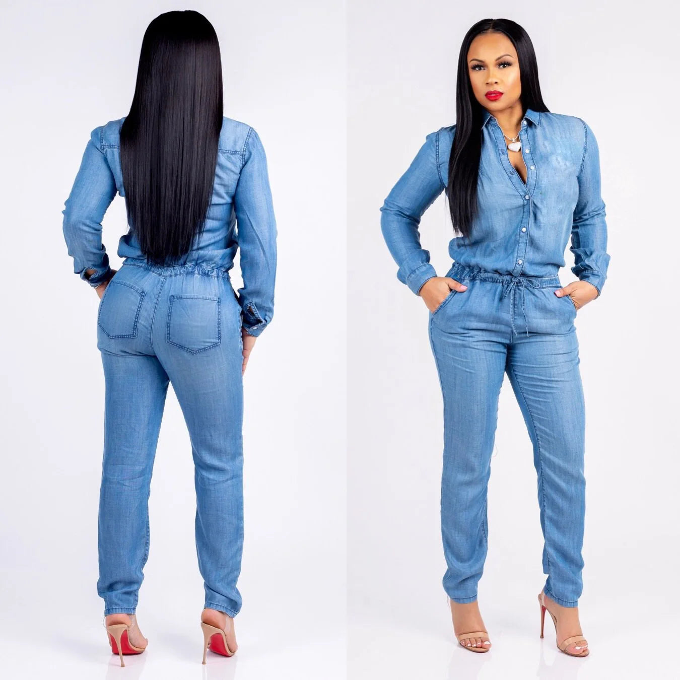 Women's High-Waist Sexy One-Piece Pants Long Sleeve Button Lapel Stretch Casual Jeans Jumpsuit