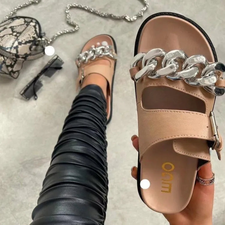 Ladies Shoes Flat Casual Fashion Chain Belt Slipper Women Beach Outdoor Casual Slipper