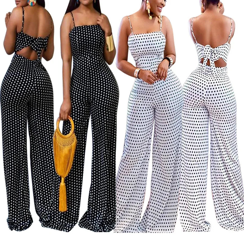 Women Off Shoulder Wide Leg Jumpsuit Ladies Polka Dot Bodycon Rompers Jumpsuit