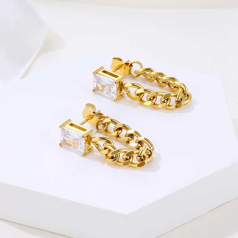 18K Gold Plated Fashion Jewelry Steel Link Chain Tassel Stud Earrings Green Zirconia Zircon Main Stainless Steel