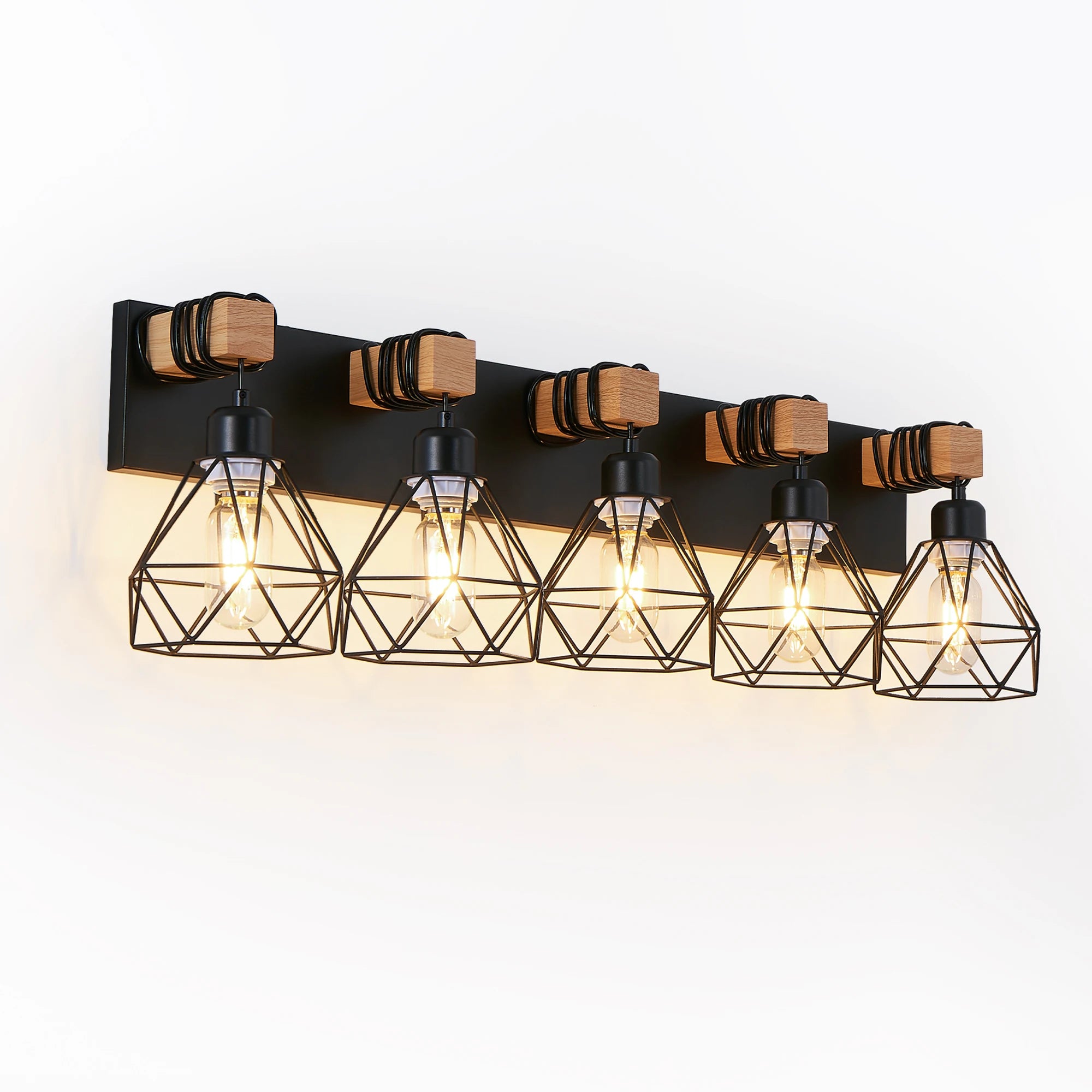 5-Light Vanity Light Fixture with Black Metal,Wooden Accents and Cage Lampshade(Bulb Not Included)