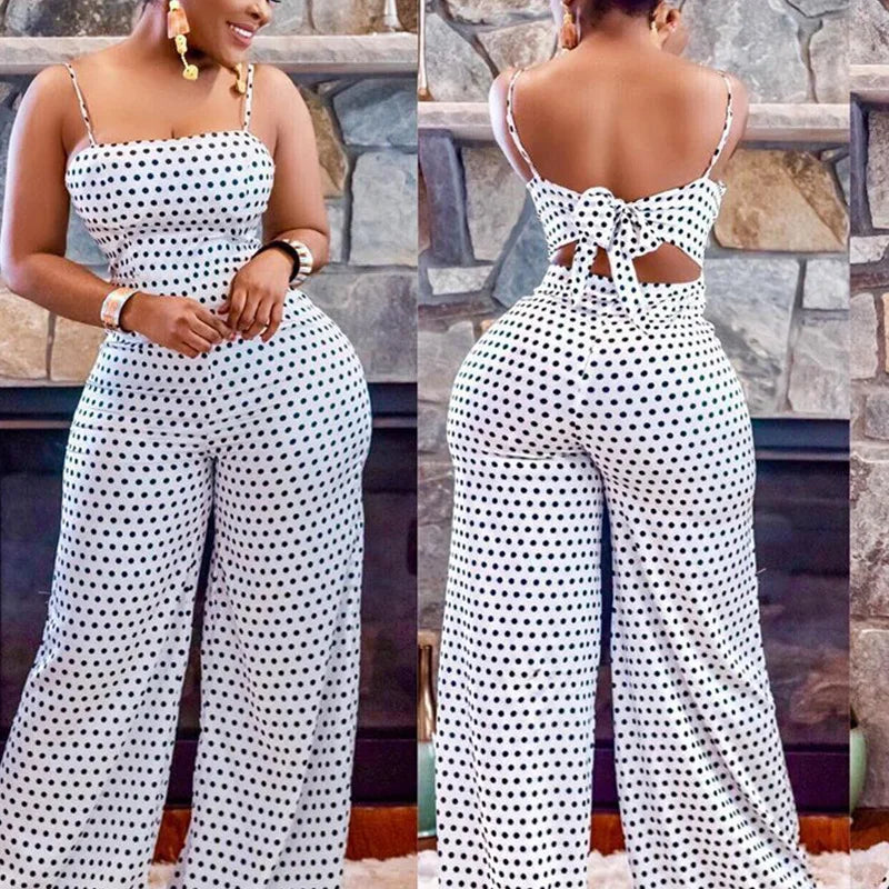 Women Off Shoulder Wide Leg Jumpsuit Ladies Polka Dot Bodycon Rompers Jumpsuit