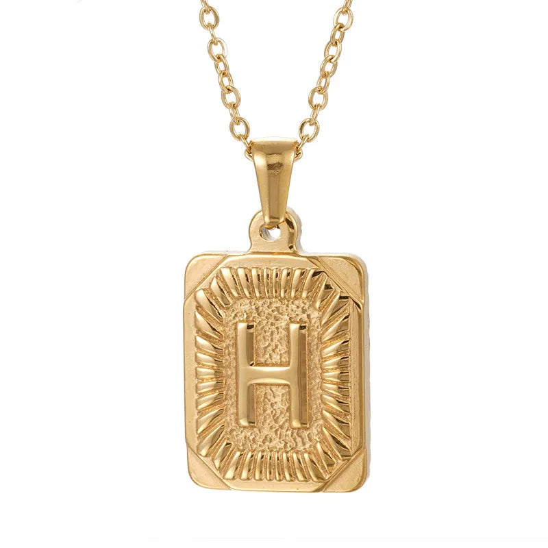 18k Gold Men'S Necklace Square Stainless Steel Letter Pendant English Letter Necklace Pendant For Men