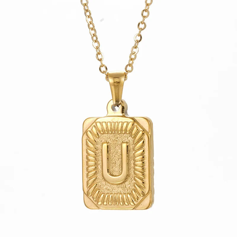 18k Gold Men'S Necklace Square Stainless Steel Letter Pendant English Letter Necklace Pendant For Men