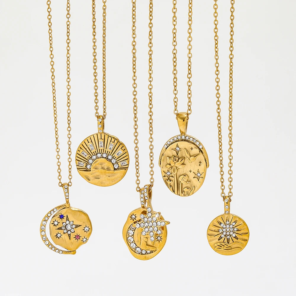 18k Gold Plated Waterproof Tarnish Free Moon Star Sun  Zirconia Coin Pendant Stainless Steel Necklace Fashion Jewelry
