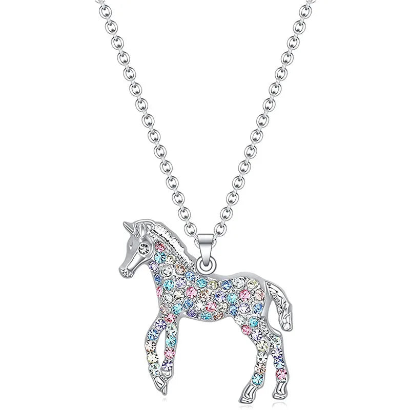 Diamond Inlaid Rainbow Pony Pendant Necklace Fashion Personality Colorful Diamond Necklace