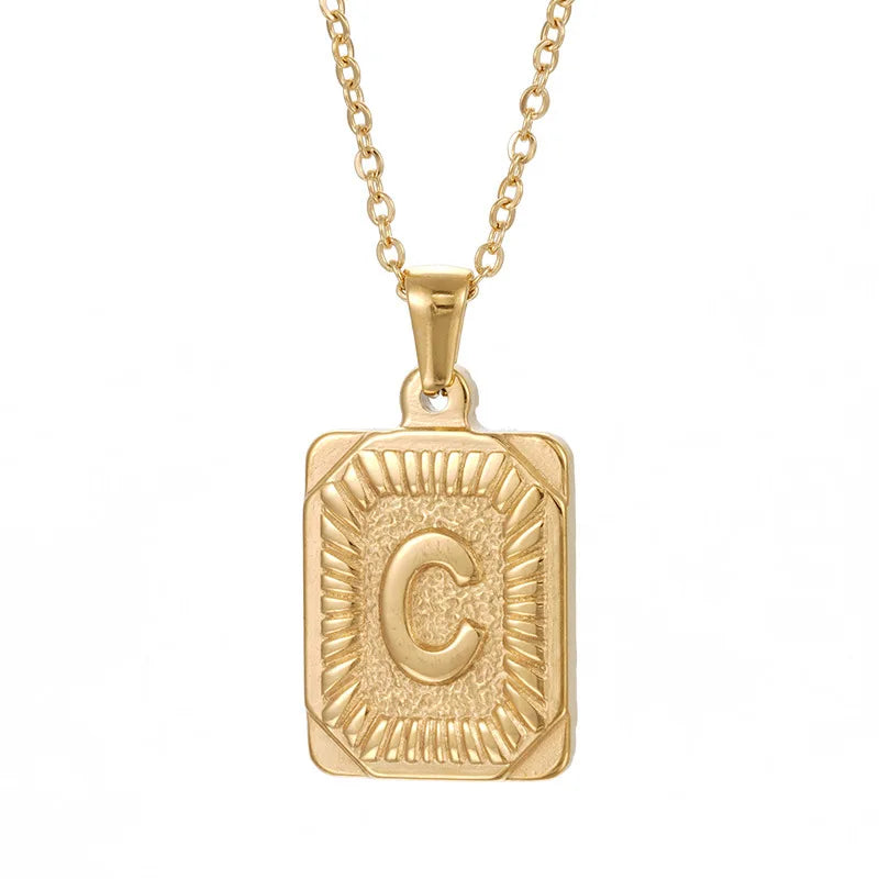 18k Gold Men'S Necklace Square Stainless Steel Letter Pendant English Letter Necklace Pendant For Men