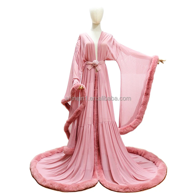 Sheer Feather Lace Lingerie Tail Dress Long Nightgown Fur Robe