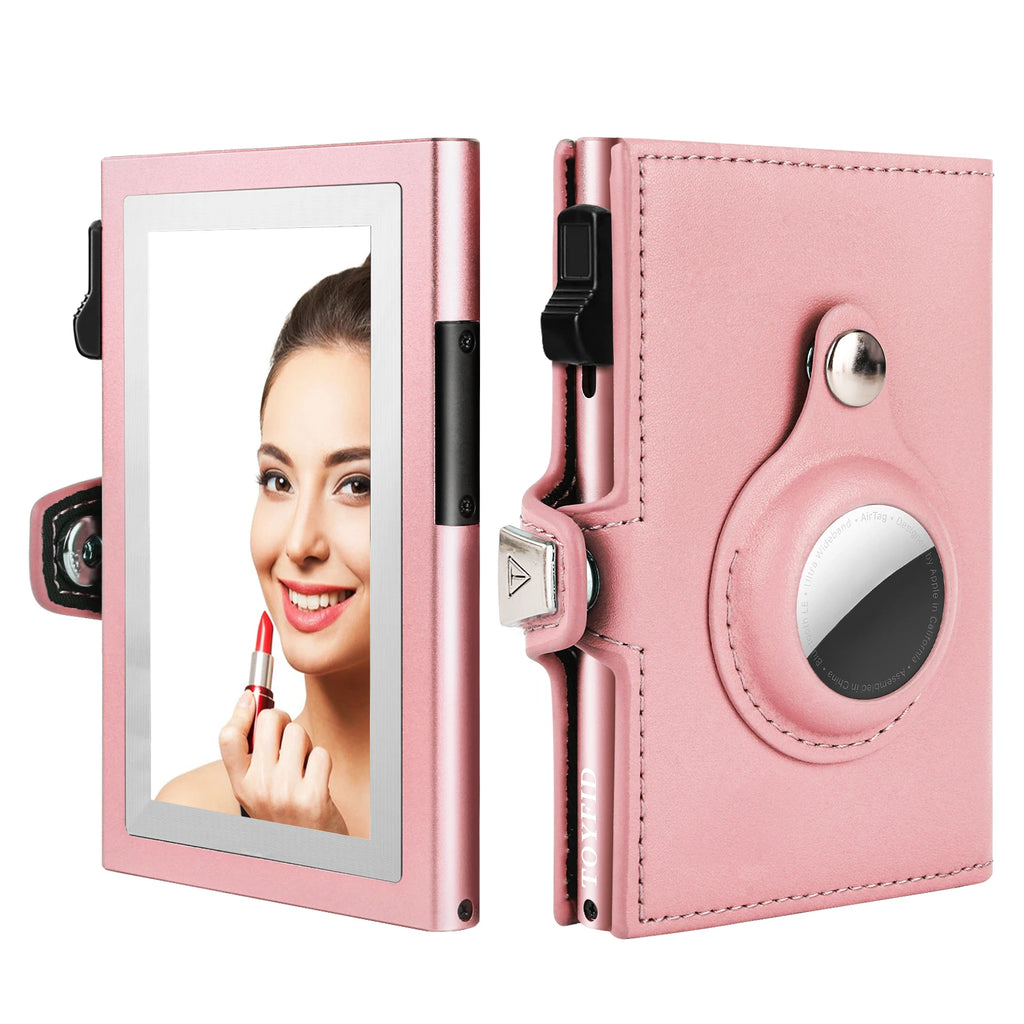Daily Use Thin Leather RFID Blocking Ladies Card Holder with Cosmetic Mirror and Coin Purse