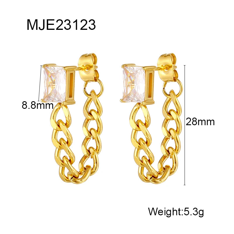 18K Gold Plated Fashion Jewelry Steel Link Chain Tassel Stud Earrings Green Zirconia Zircon Main Stainless Steel