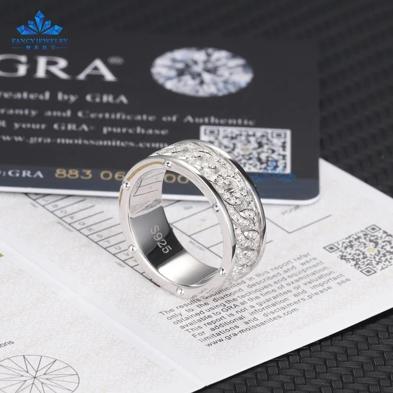 Solid Silver Pass Diamond Men Moissanite Rings 925 Sterling Silver Cuban Chain Full Eternity Band