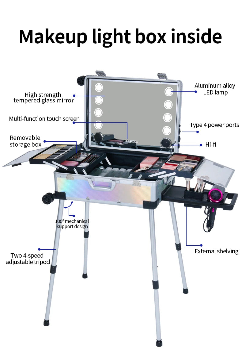 OBOX Professional Make-up case Professional Make-up Organizer Aluminum Alloy case With Lights and Mirror