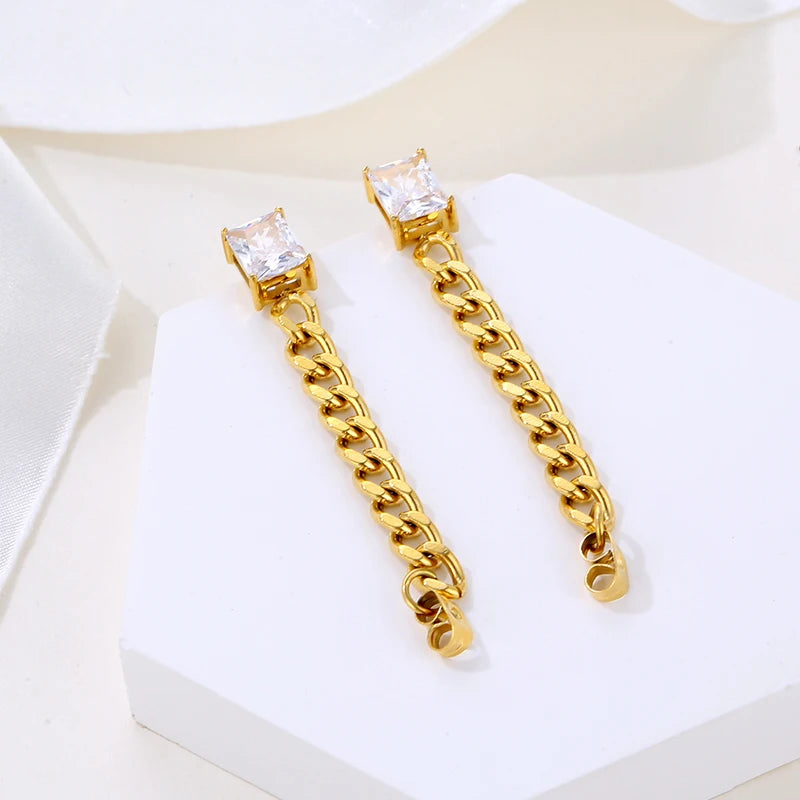 18K Gold Plated Fashion Jewelry Steel Link Chain Tassel Stud Earrings Green Zirconia Zircon Main Stainless Steel