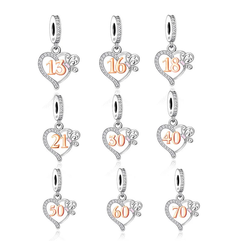 Fit Original Bracelet Necklace Jewelry 925 Sterling Silver Butterfly Number Beads Charms Anniversary, Speical Birthdays
