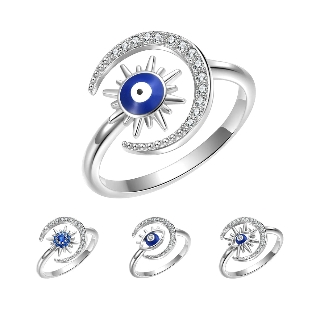 925 Sterling Silver Star & Moon Ring with Zirconia for Women