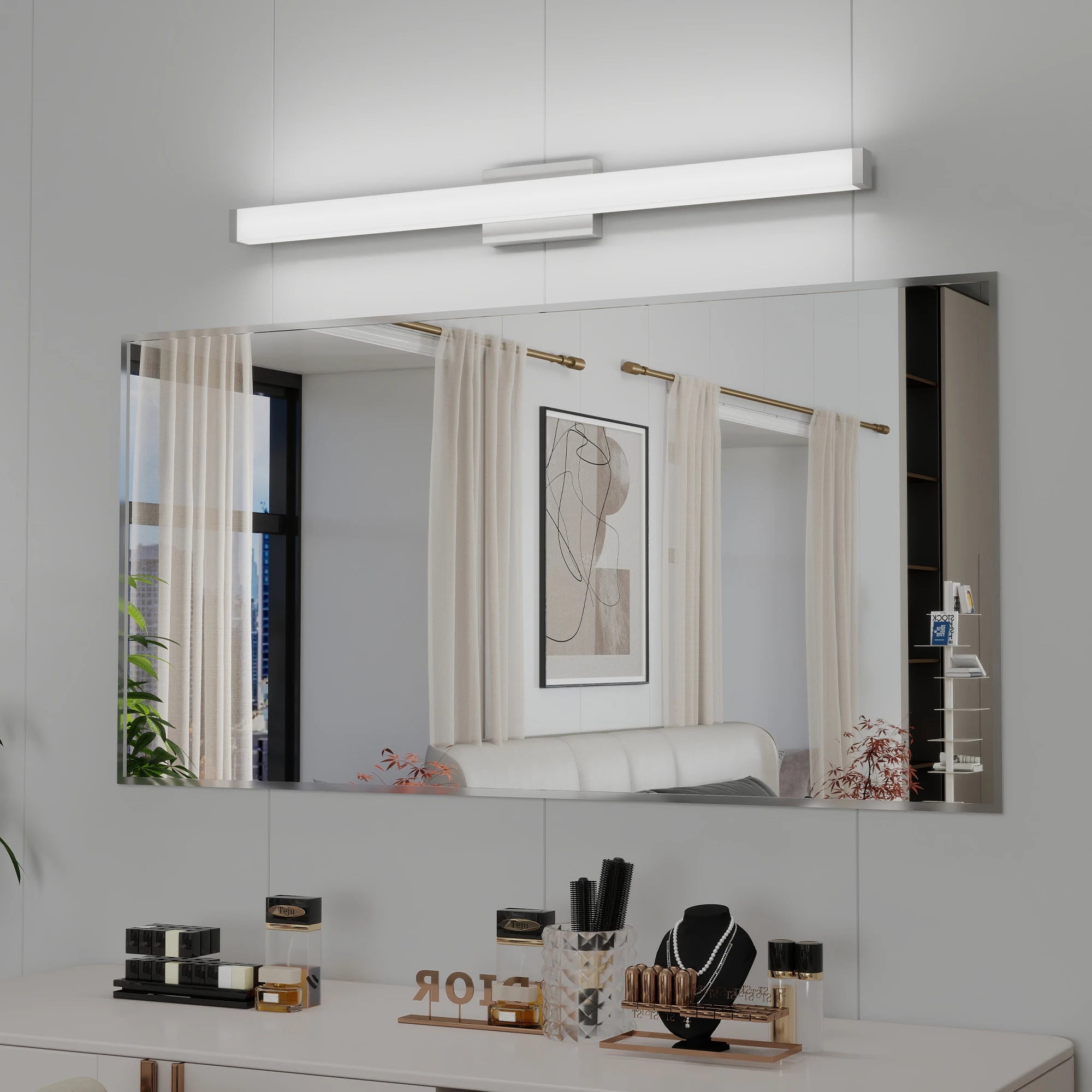 Bathroom Vanity Light Brushed Nickel Square LED 41 Inch 24W 6000K Cool White Light Wall Bar Lighting Fixtures