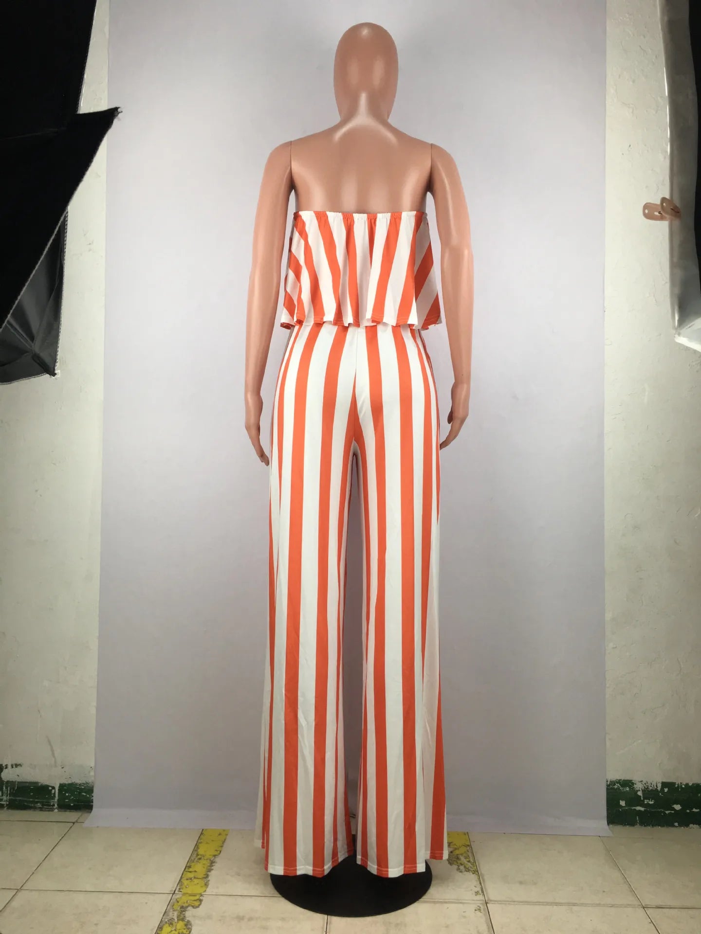Hot Summer Women's Casual Jumpsuit with Striped Print Sexy Wrap Chest Open Back Washed Techniques