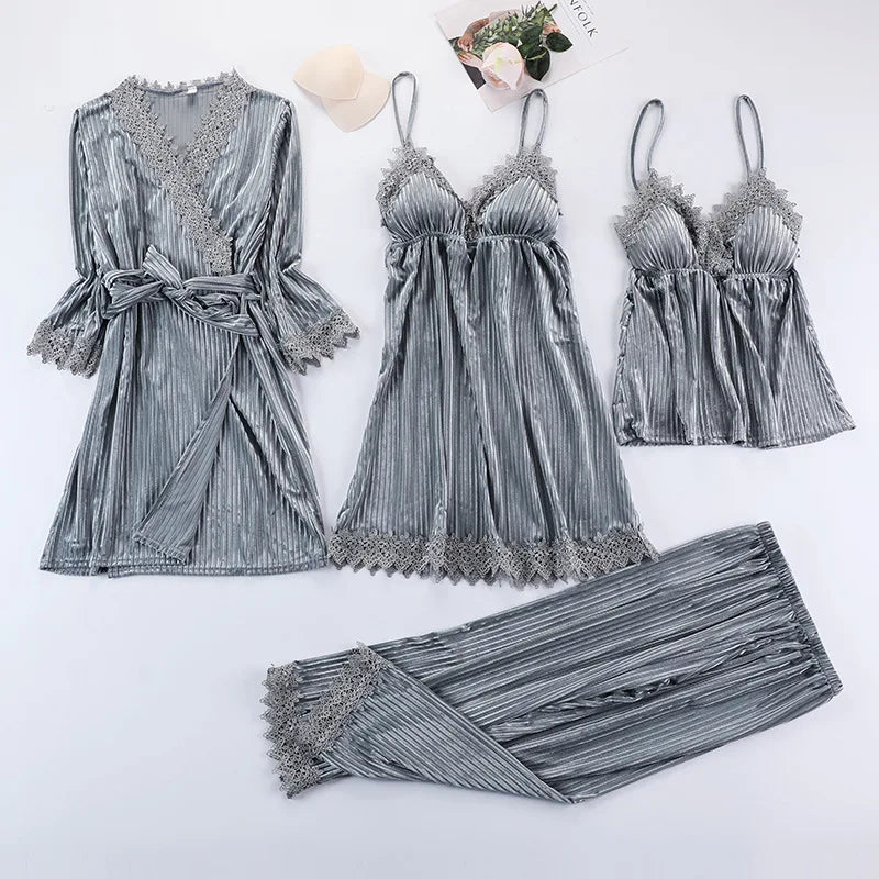 3pcs Gold Velvet  Pajamas Set for Women Warm Sexy Lace Pajamas Winter Sleepwear Nightdress