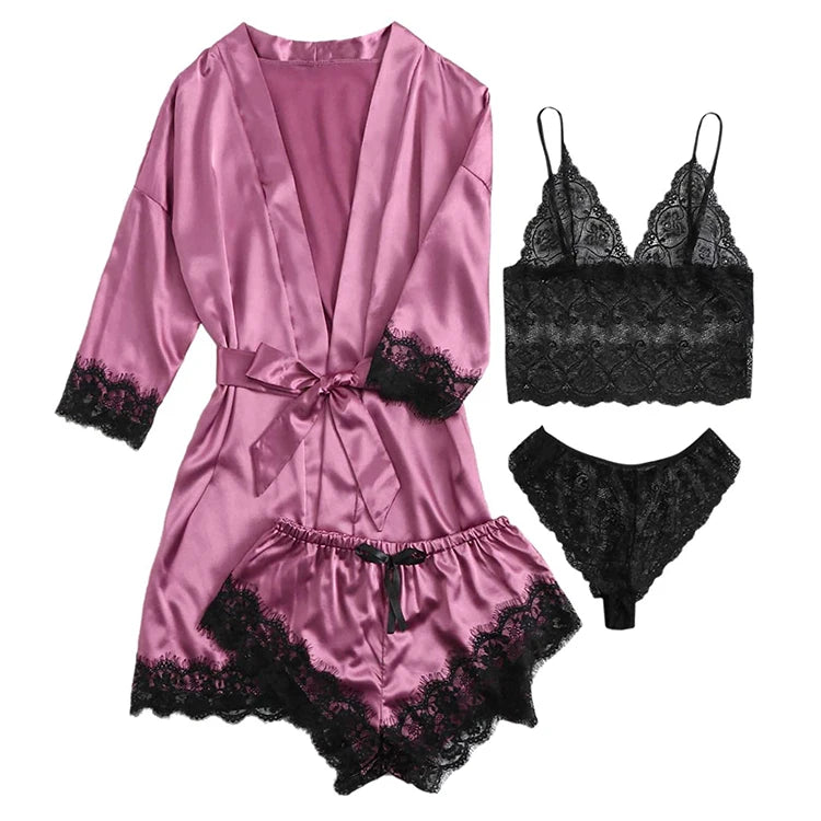 4pcs Satin Babydoll Sexy Lingerie For Women