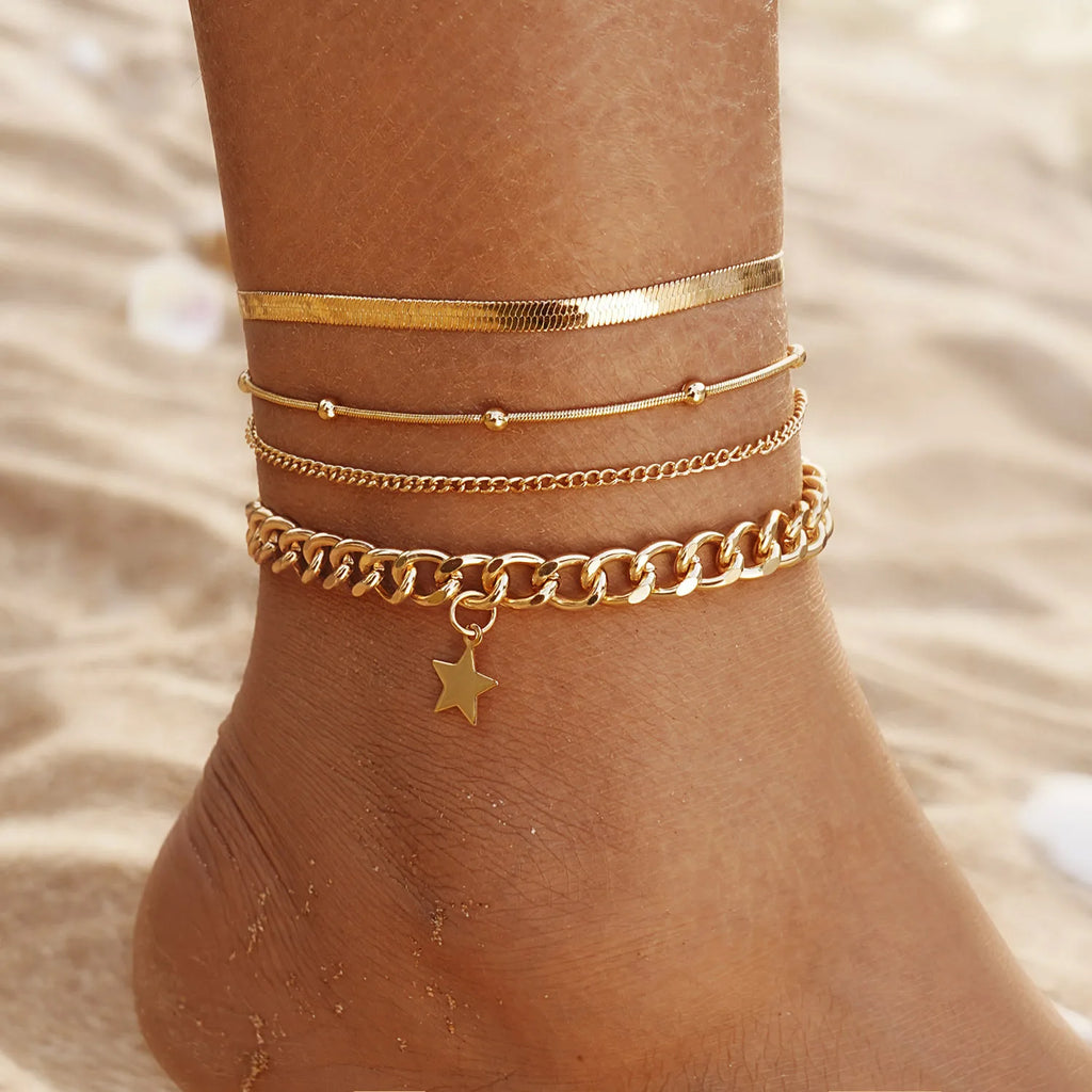 Women Fashion Jewelry Blue Eyes Pendant Snake Chain Pearl Star Gold Plated Multilayer Anklet Set