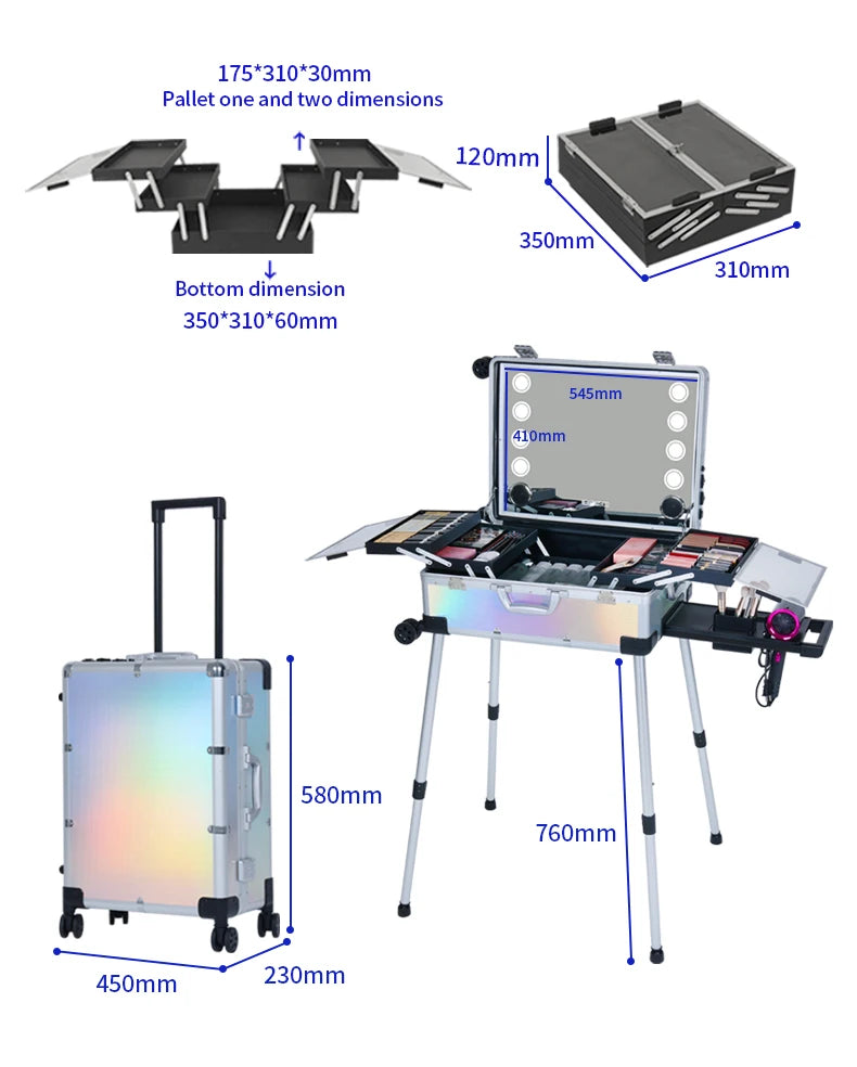 OBOX Professional Make-up case Professional Make-up Organizer Aluminum Alloy case With Lights and Mirror