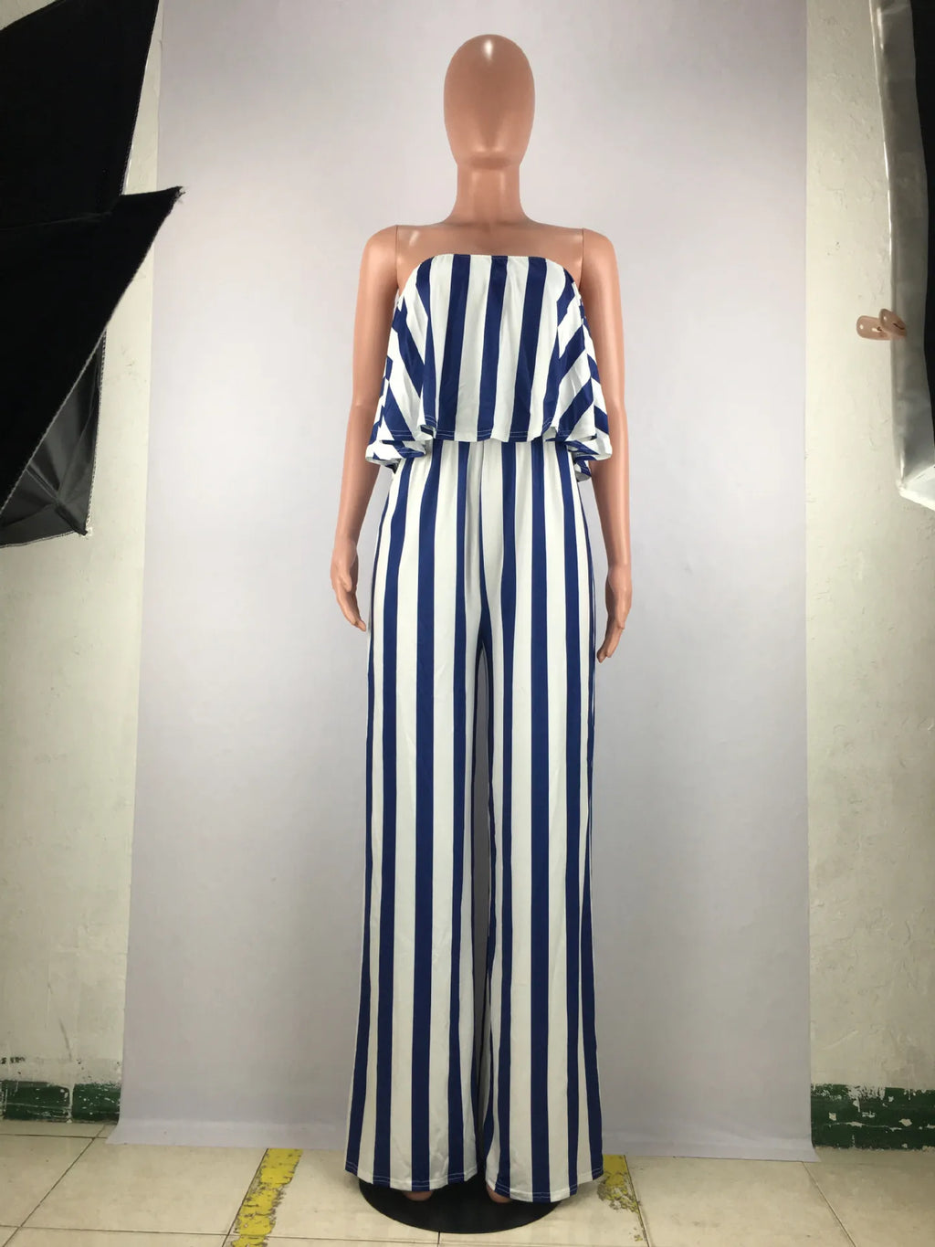 Hot Summer Women's Casual Jumpsuit with Striped Print Sexy Wrap Chest Open Back Washed Techniques