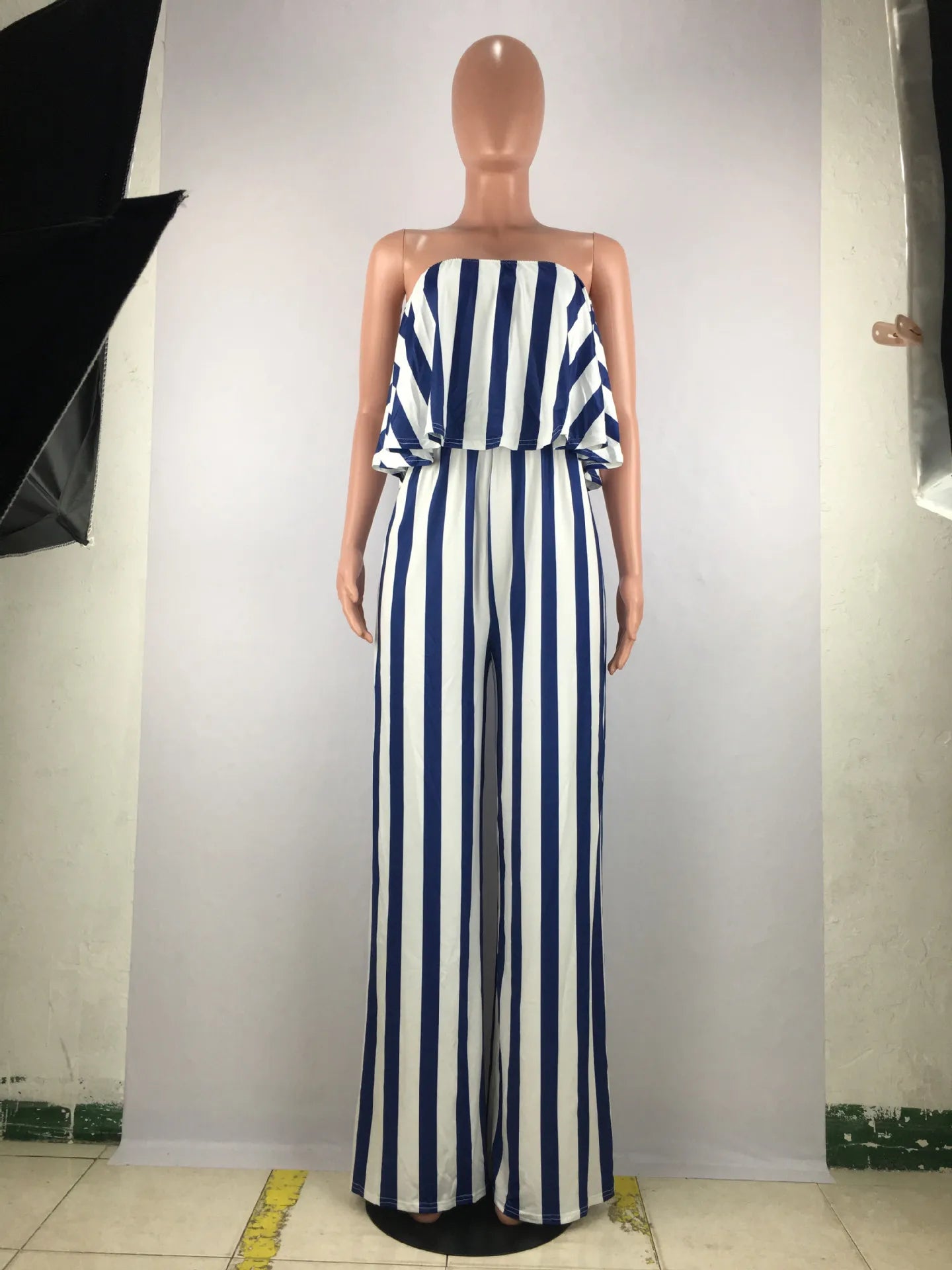 Hot Summer Women's Casual Jumpsuit with Striped Print Sexy Wrap Chest Open Back Washed Techniques