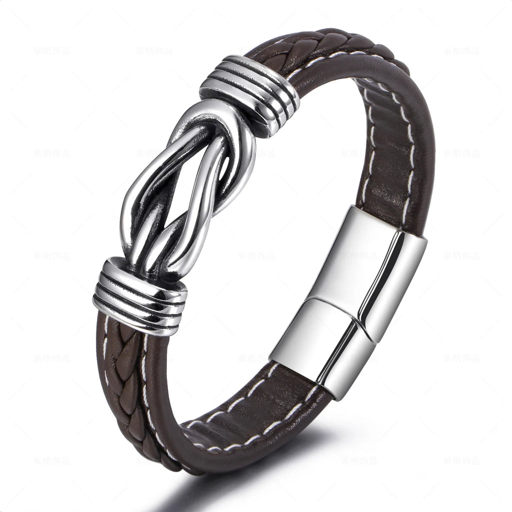 Stainless Steel Natural Tiger Eye Bracelet Beaded Men'S Hand-Woven Leather Bracelet