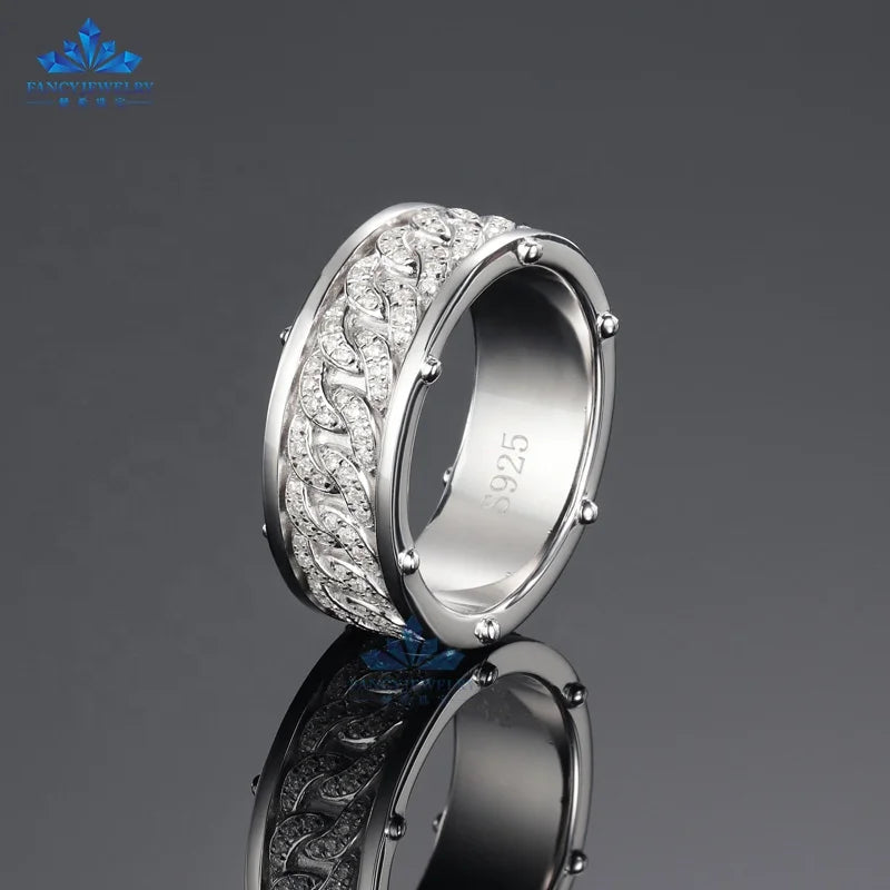 Solid Silver Pass Diamond Men Moissanite Rings 925 Sterling Silver Cuban Chain Full Eternity Band