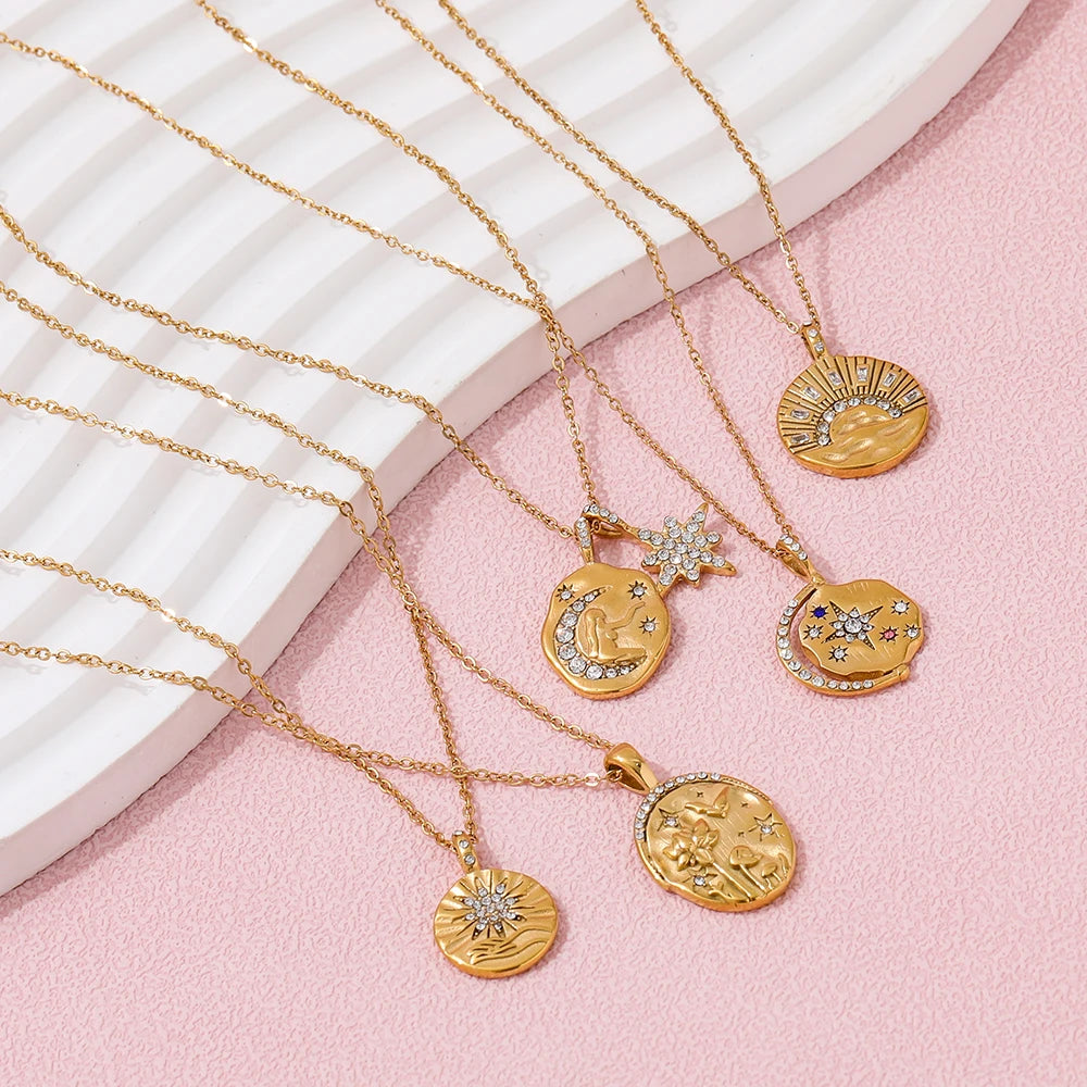 18k Gold Plated Waterproof Tarnish Free Moon Star Sun  Zirconia Coin Pendant Stainless Steel Necklace Fashion Jewelry