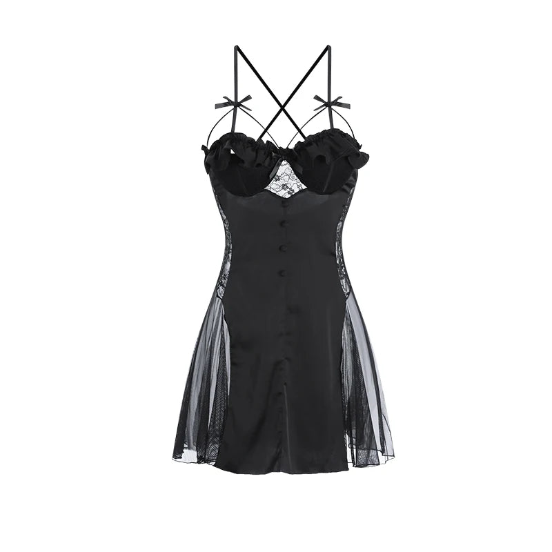 Appeal Low Cut Flounce Add Bra Pad Splice Netting Slip Nightdress Robe