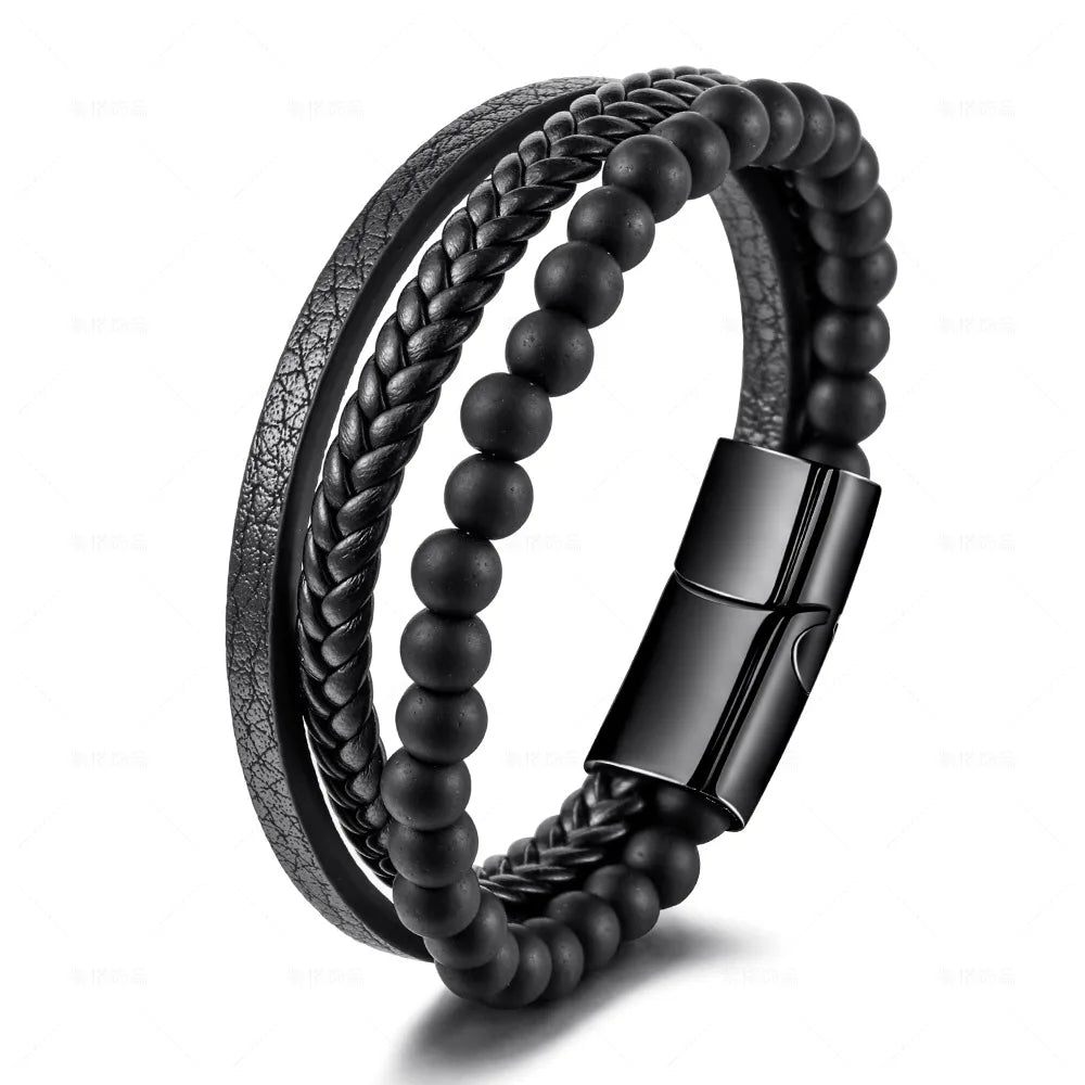 Stainless Steel Natural Tiger Eye Bracelet Beaded Men'S Hand-Woven Leather Bracelet