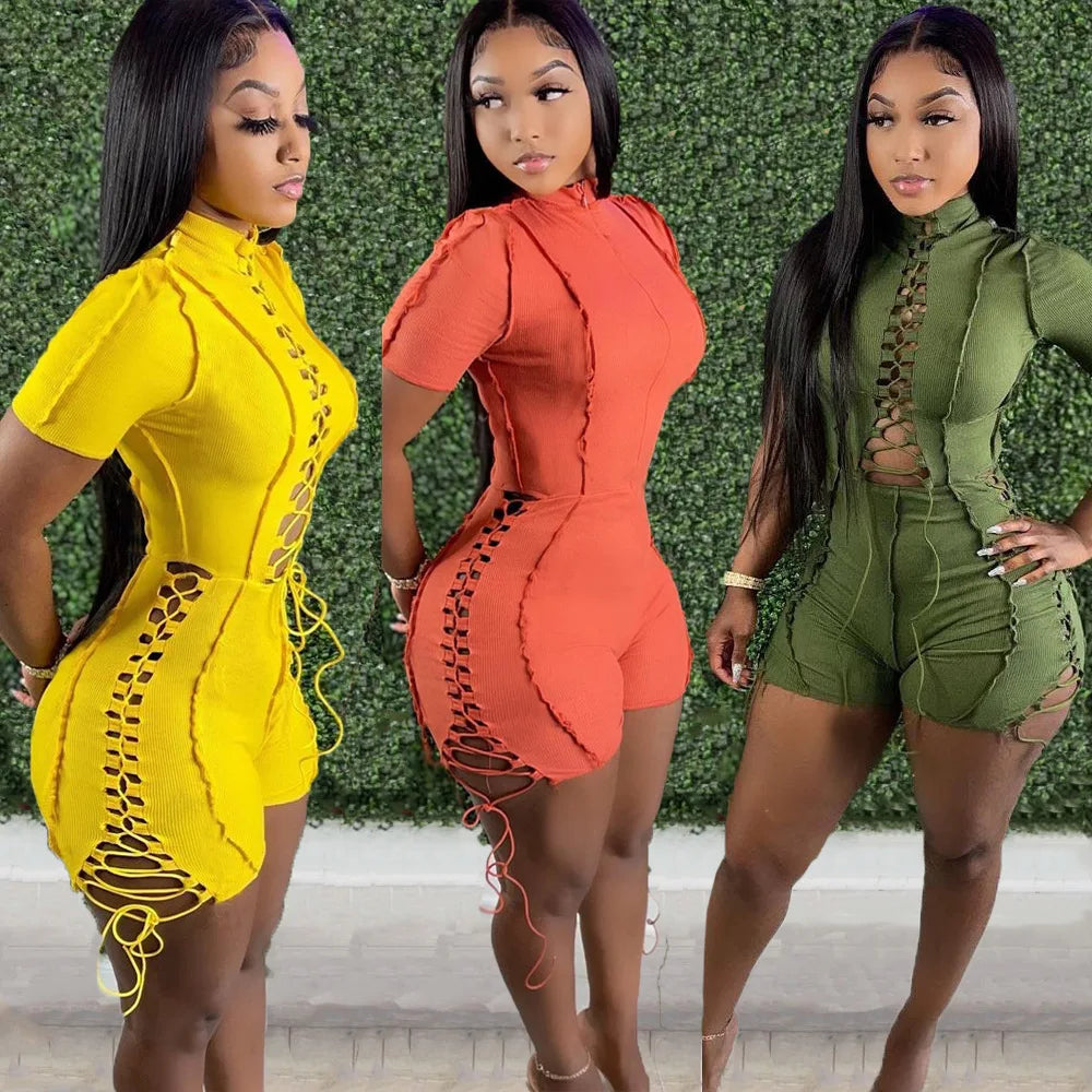 Bodycon Solid O Neck Hollow Out Bandage Short Sleeve Rompers Jumpsuit